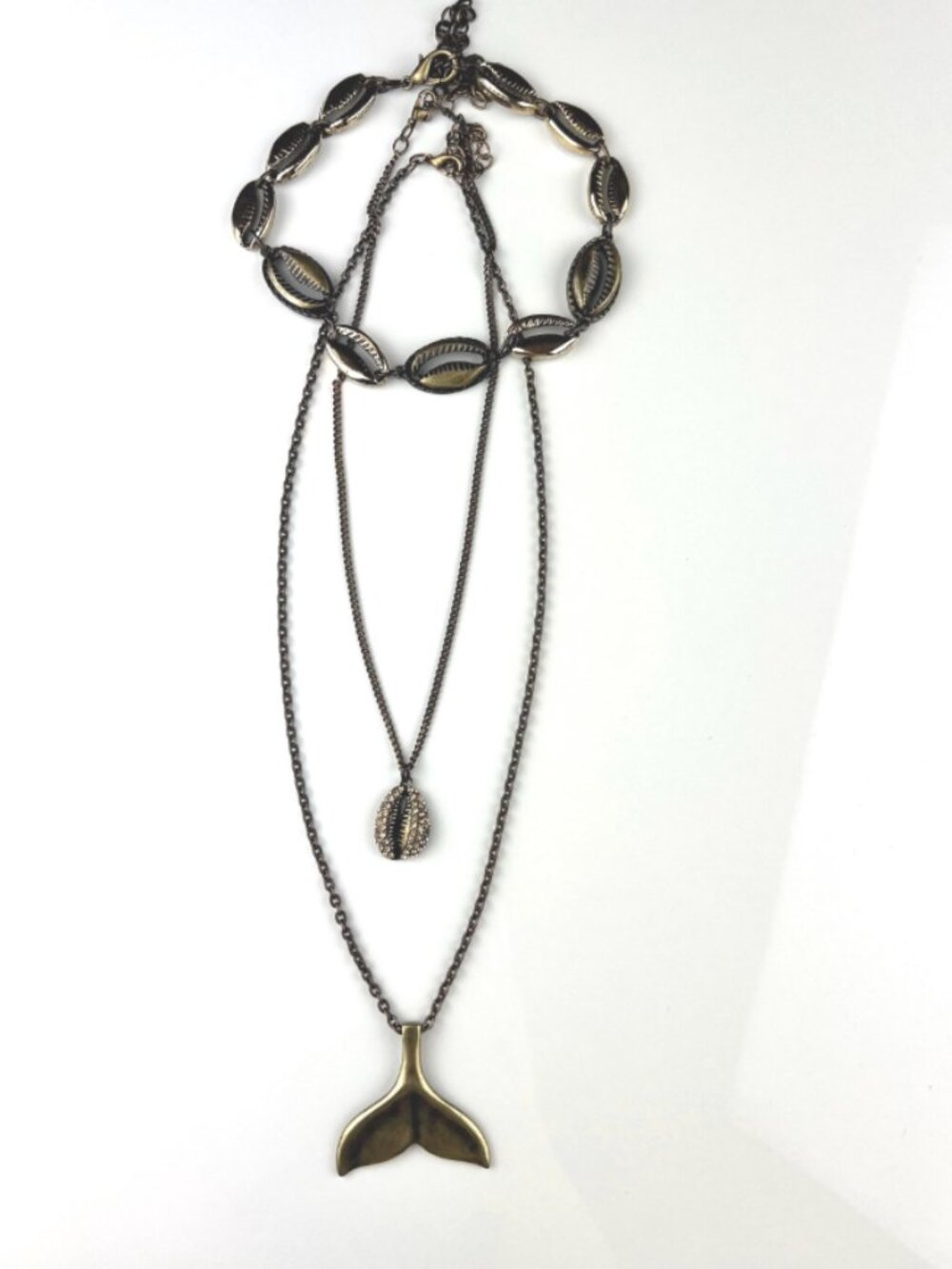 Bronze Mermaid Tail Necklace Cowrie Shell Choker Layered Coastal Beach Set